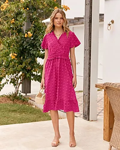 BTFBM Elegant Short Sleeve V Neck Swiss Dot Midi Summer Dresses for Women 2023 Boho Ruffle Long Dresses Ruffle Cocktail Dress（Solid Rose Red,X-Large