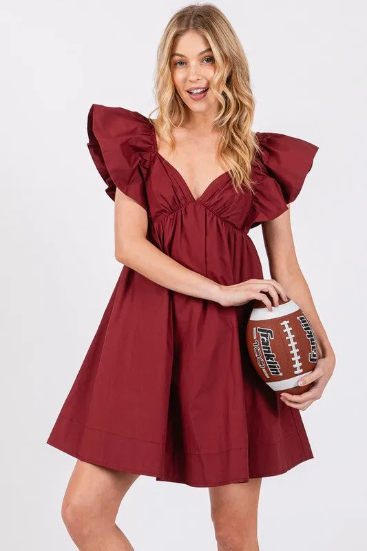 Burgundy Poplin Ruffle Sleeve Tie Back Dress