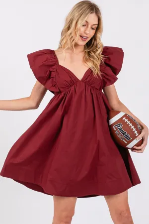 Burgundy Poplin Ruffle Sleeve Tie Back Dress