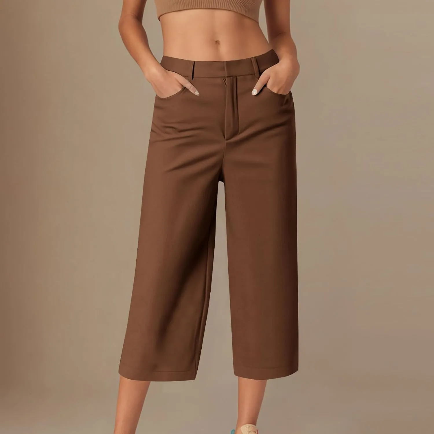 Capri Pants for Women Business Casual Loose Fit Work Cropped Trousers High Waisted Stretchy Capris with Pocket