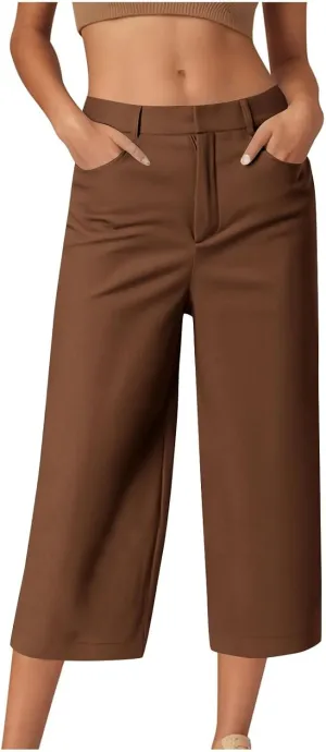 Capri Pants for Women Business Casual Loose Fit Work Cropped Trousers High Waisted Stretchy Capris with Pocket