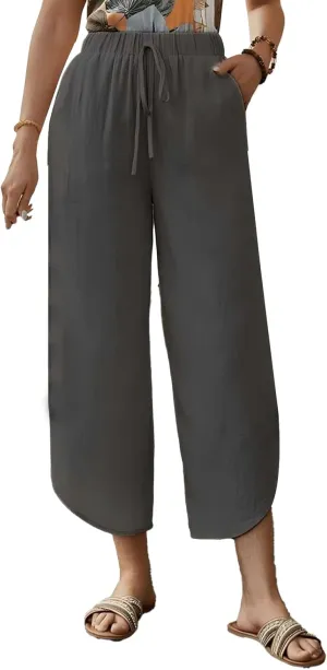 Capris Pants for Women Summer Cotton Linen Palazzo Pants Casual Flowy High Waisted Drawstring Trousers with Pockets
