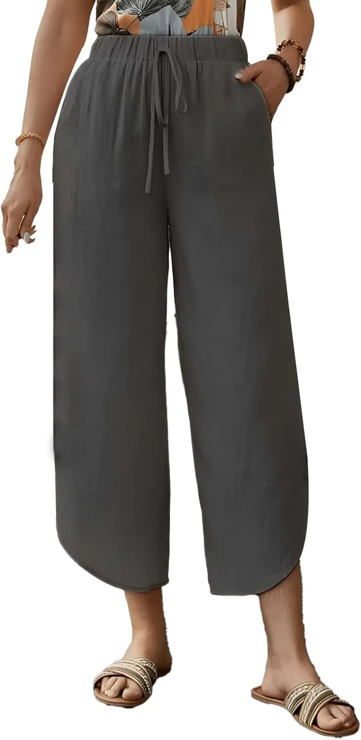Capris Pants for Women Summer Cotton Linen Palazzo Pants Casual Flowy High Waisted Drawstring Trousers with Pockets