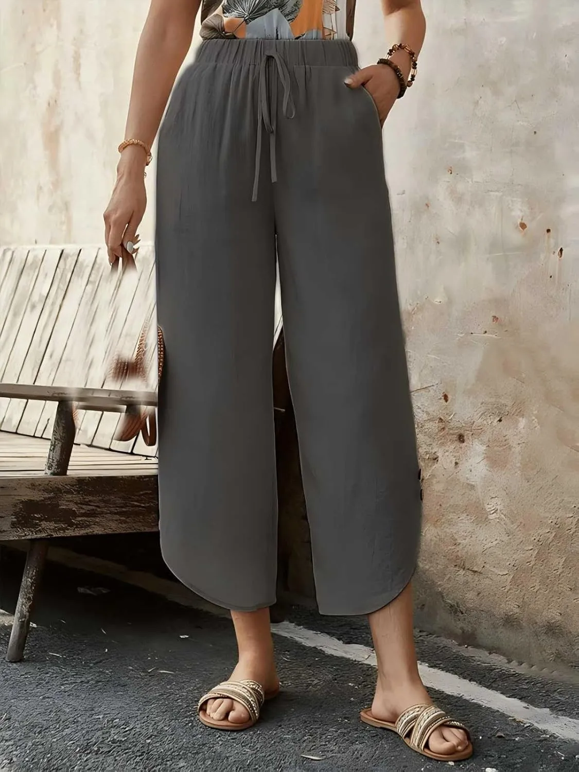 Capris Pants for Women Summer Cotton Linen Palazzo Pants Casual Flowy High Waisted Drawstring Trousers with Pockets