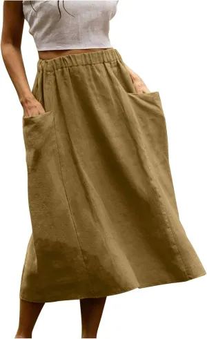 Casual A Line Midi Skirts for Women Elastic High Waisted Swing Flared Skirt Vintage Pleated Summer Dress