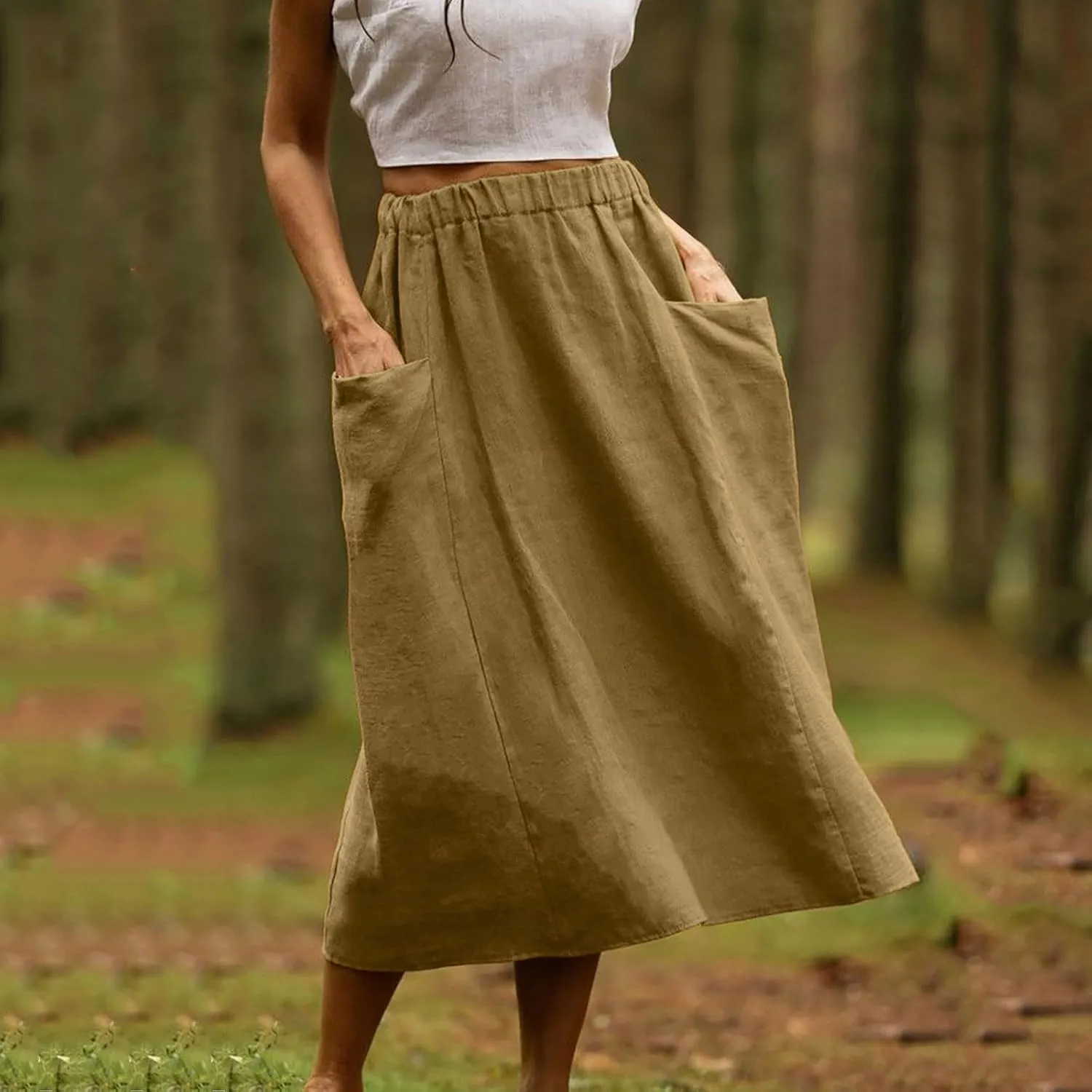 Casual A Line Midi Skirts for Women Elastic High Waisted Swing Flared Skirt Vintage Pleated Summer Dress