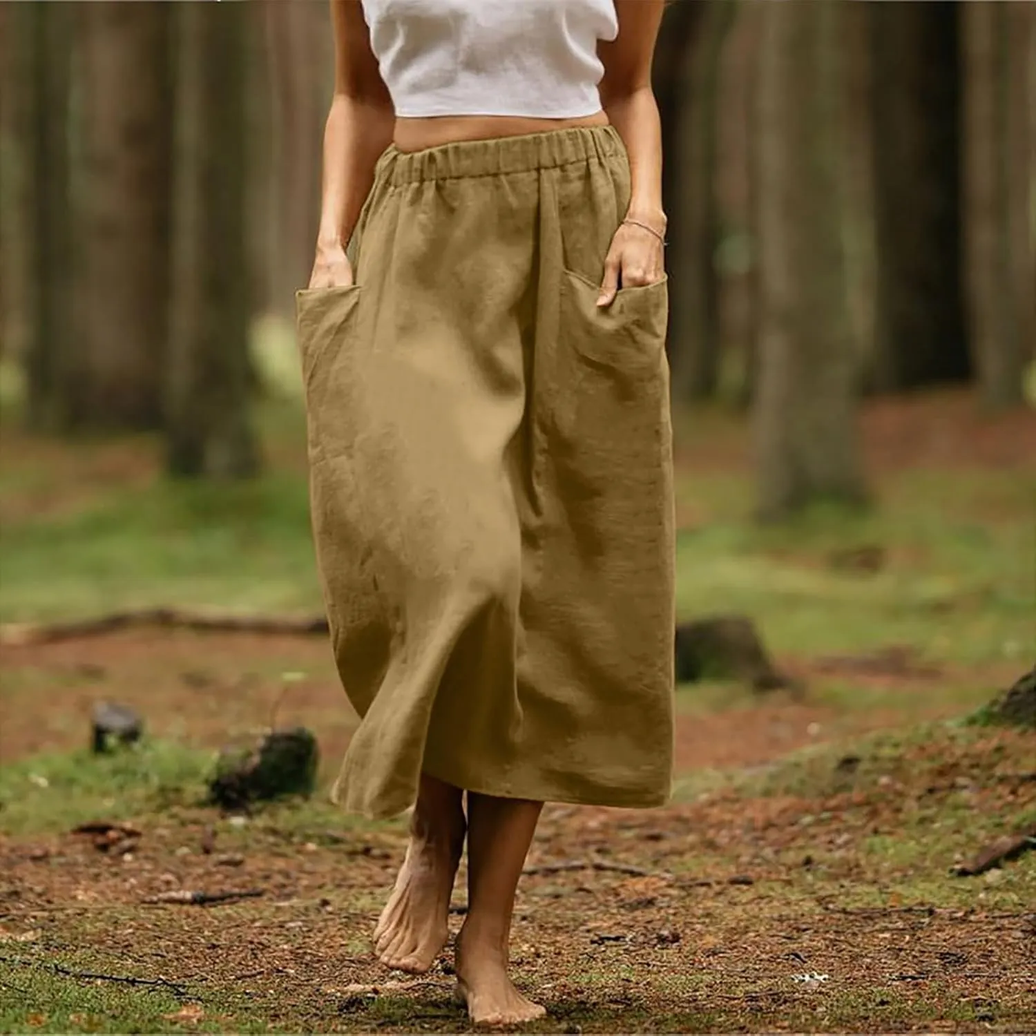 Casual A Line Midi Skirts for Women Elastic High Waisted Swing Flared Skirt Vintage Pleated Summer Dress