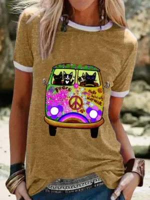 Casual Cute Cat Print Blouses&T-Shirts