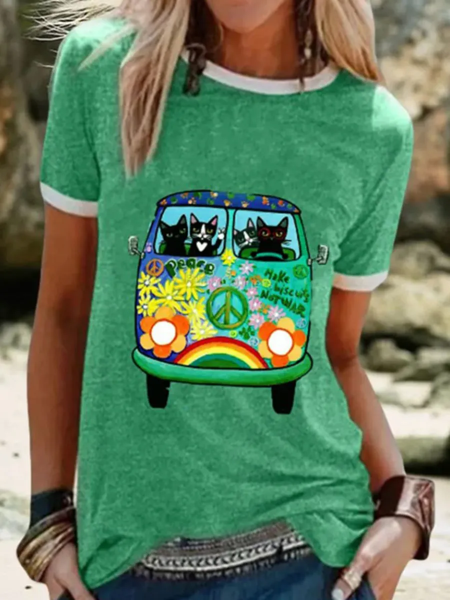 Casual Cute Cat Print Blouses&T-Shirts