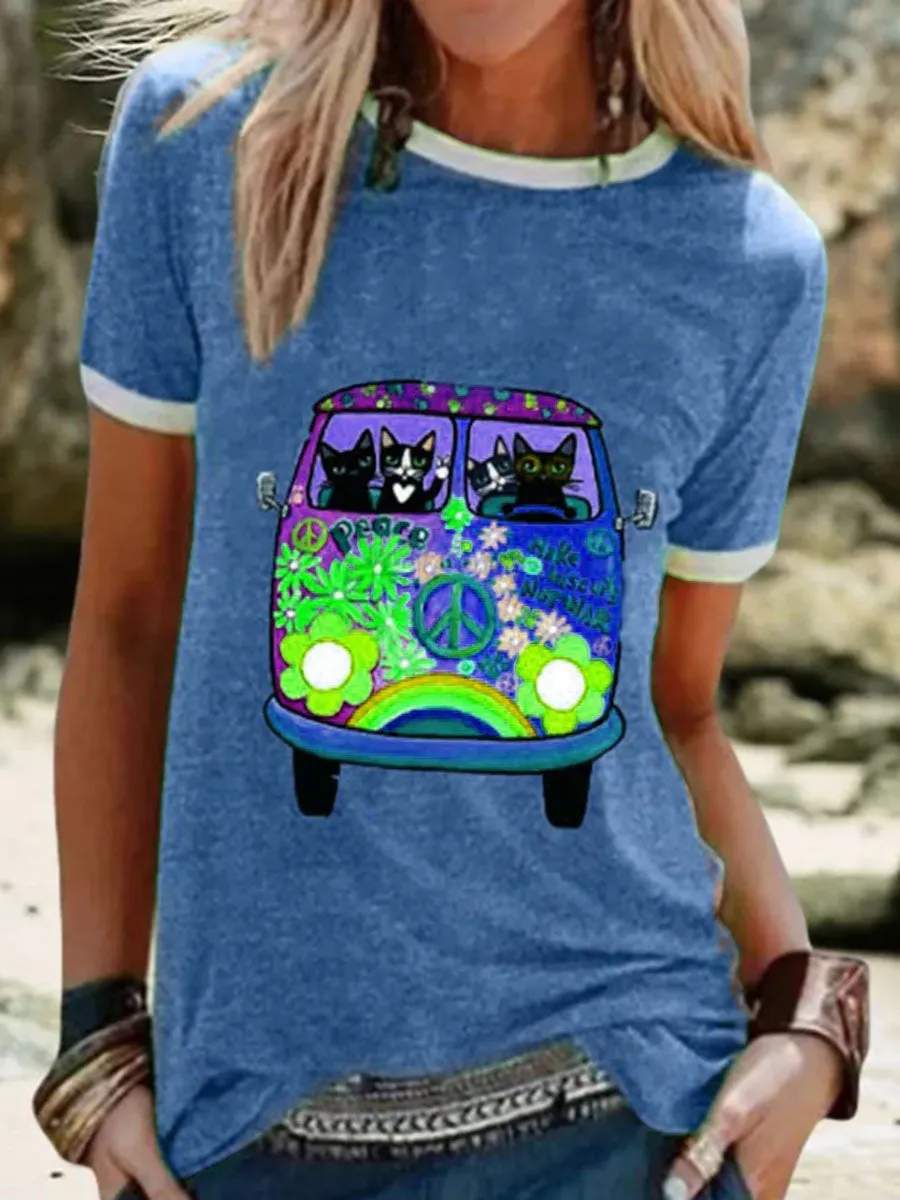 Casual Cute Cat Print Blouses&T-Shirts