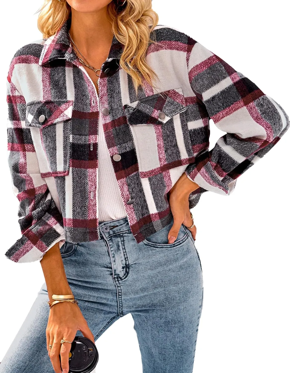 CFLONGE Women's Casual Jacket Coats Button Down Corduroy Cropped Shacket Plaid Long Sleeve Flannels Shirts for Women Jackets