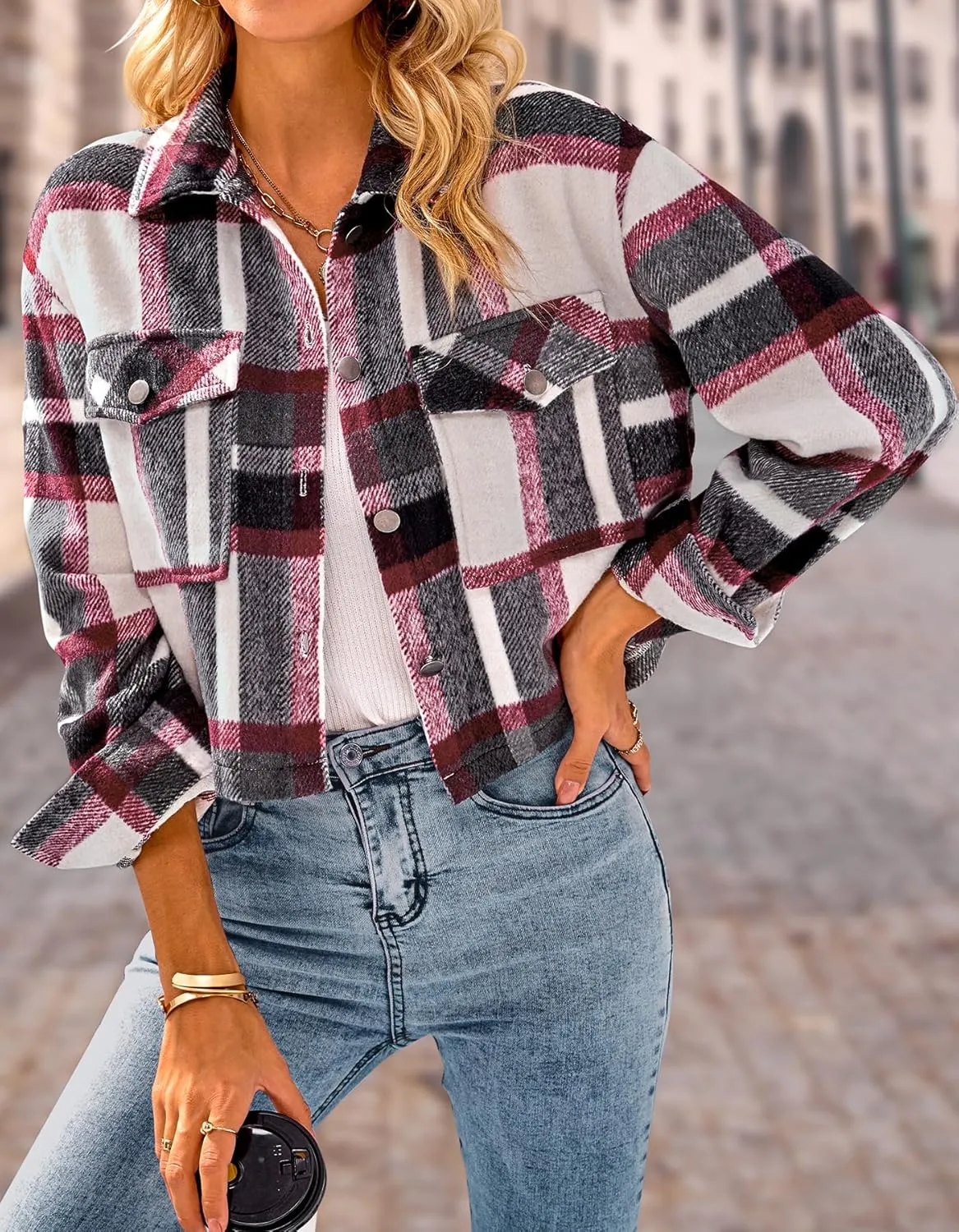 CFLONGE Women's Casual Jacket Coats Button Down Corduroy Cropped Shacket Plaid Long Sleeve Flannels Shirts for Women Jackets