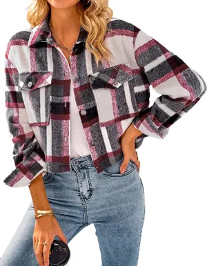 CFLONGE Women's Casual Jacket Coats Button Down Corduroy Cropped Shacket Plaid Long Sleeve Flannels Shirts for Women Jackets