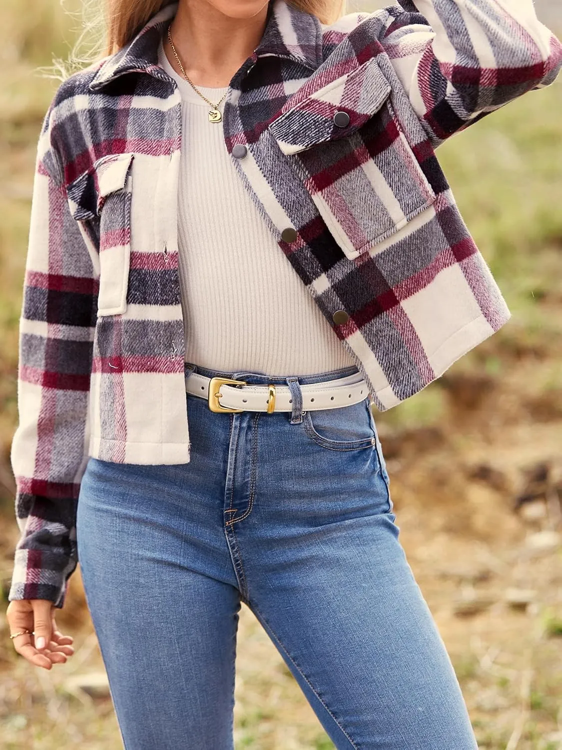 CFLONGE Women's Casual Jacket Coats Button Down Corduroy Cropped Shacket Plaid Long Sleeve Flannels Shirts for Women Jackets