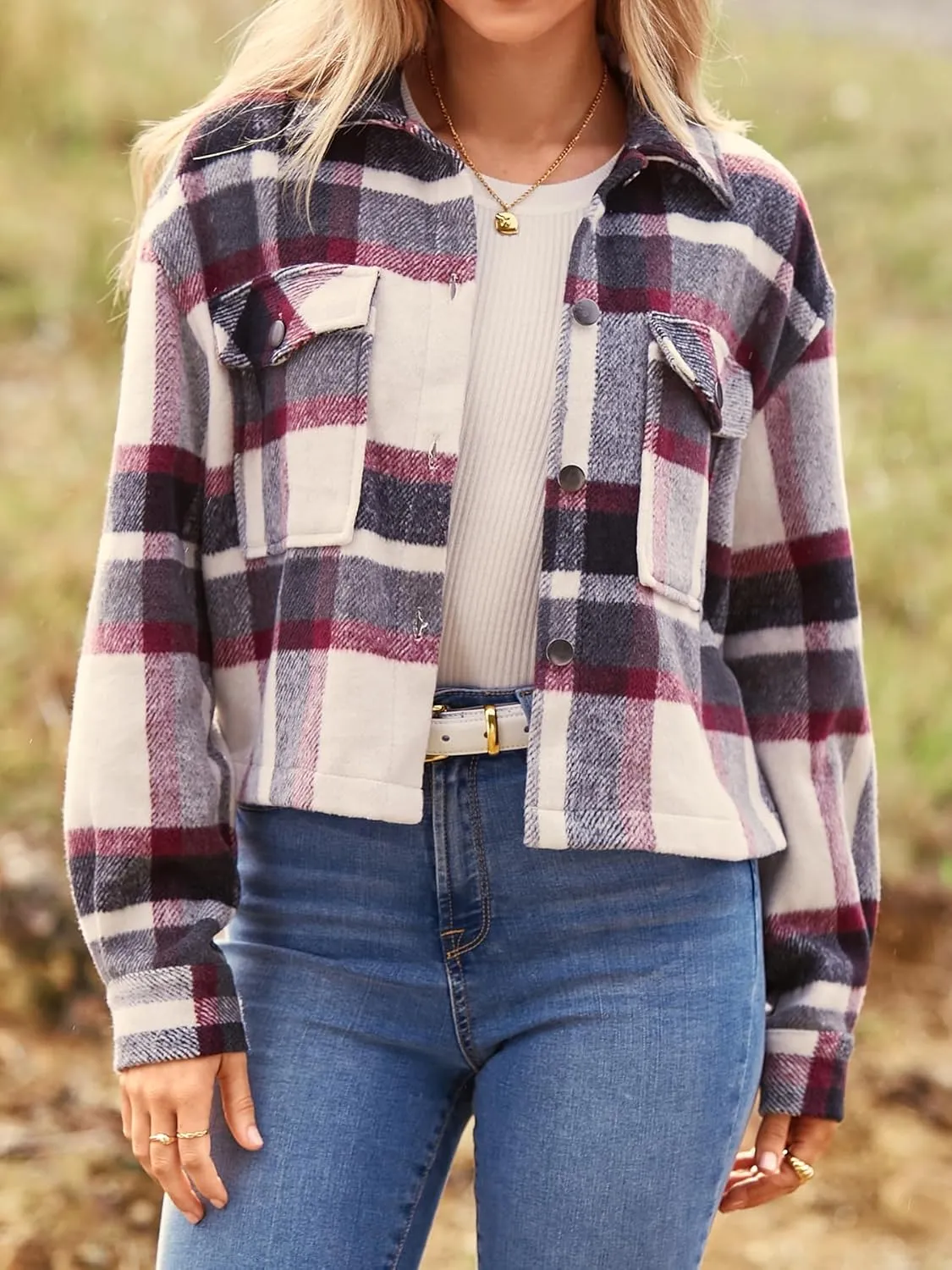 CFLONGE Women's Casual Jacket Coats Button Down Corduroy Cropped Shacket Plaid Long Sleeve Flannels Shirts for Women Jackets