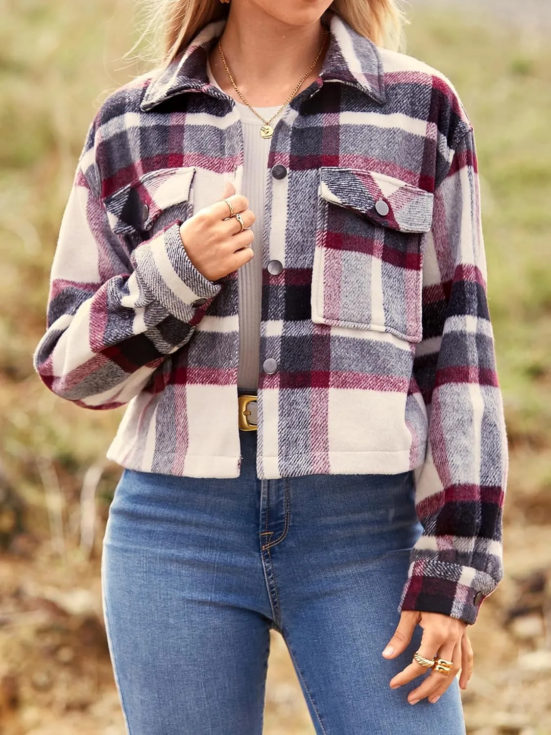 CFLONGE Women's Casual Jacket Coats Button Down Corduroy Cropped Shacket Plaid Long Sleeve Flannels Shirts for Women Jackets