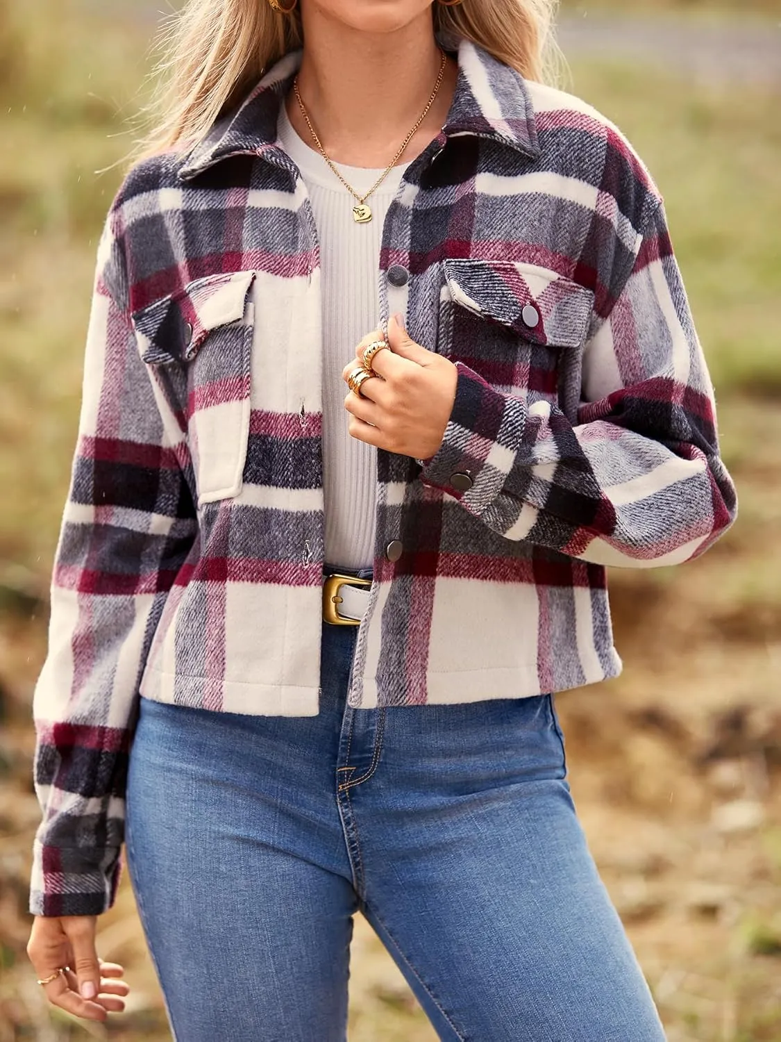 CFLONGE Women's Casual Jacket Coats Button Down Corduroy Cropped Shacket Plaid Long Sleeve Flannels Shirts for Women Jackets