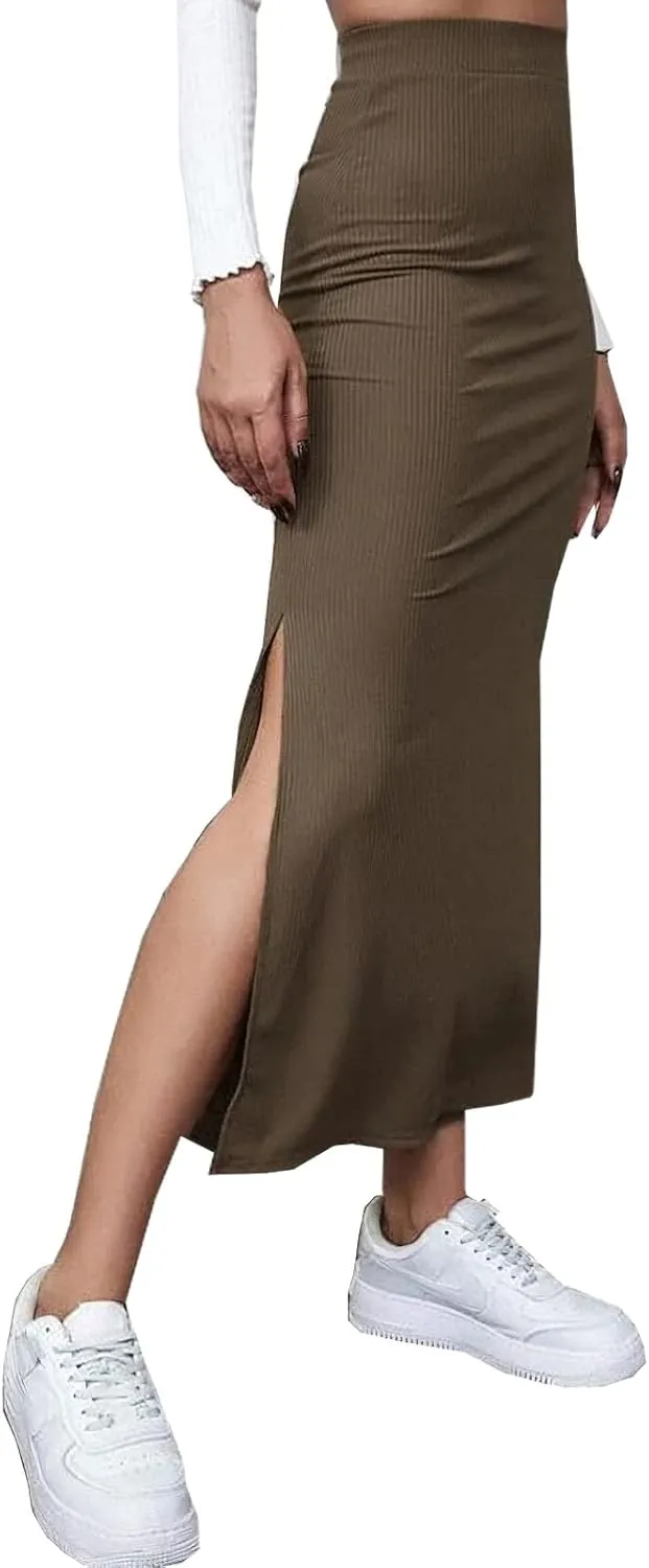 CHARTOU Women's Knitted Stretchy High Waist Straight Slit Pencil Bodycon Long Skirt