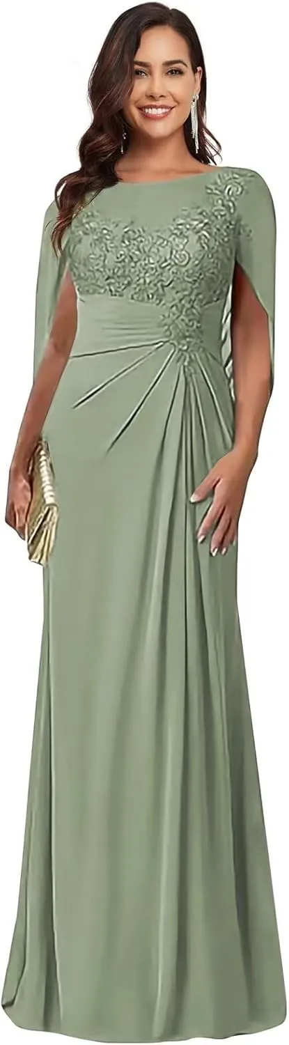 Chiffon Mother of The Bride Dresses for Wedding Lace Applique Mermaid Long Wedding Guest Dress