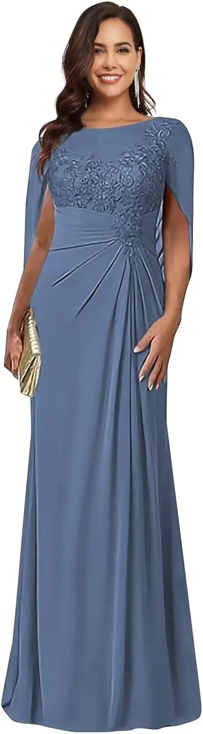 Chiffon Mother of The Bride Dresses for Wedding Lace Applique Mermaid Long Wedding Guest Dress
