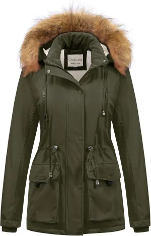 Chrisuno Women's Winter Parka Coats Soft Fleece Sherpa Lined Drawstring Snow Jacket With Faux Fur Trim Hood