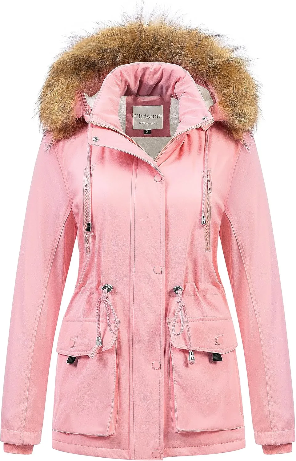 Chrisuno Women's Winter Parka Coats Soft Fleece Sherpa Lined Drawstring Snow Jacket With Faux Fur Trim Hood