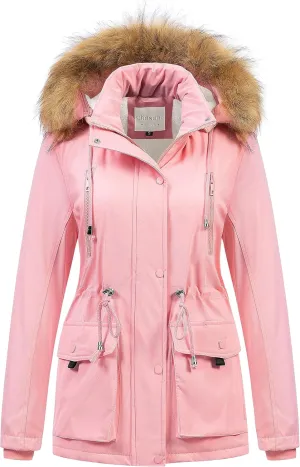Chrisuno Women's Winter Parka Coats Soft Fleece Sherpa Lined Drawstring Snow Jacket With Faux Fur Trim Hood