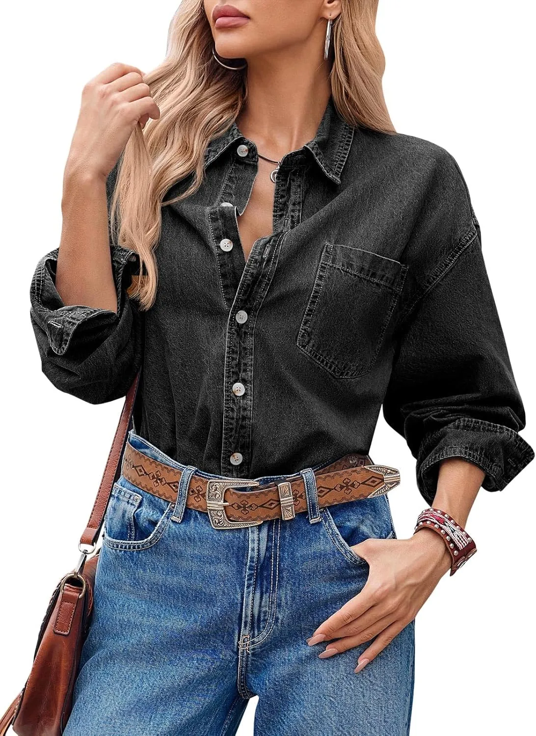 Cicy Bell Womens Oversized Denim Shirts Jackets Button Down Curved Hem Long Sleeve Jean Tops Shackets