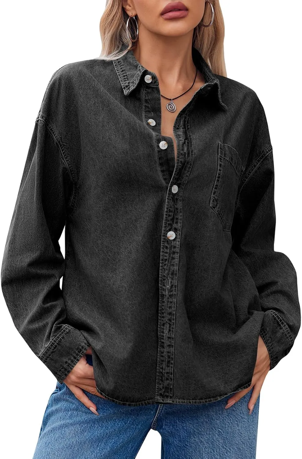 Cicy Bell Womens Oversized Denim Shirts Jackets Button Down Curved Hem Long Sleeve Jean Tops Shackets