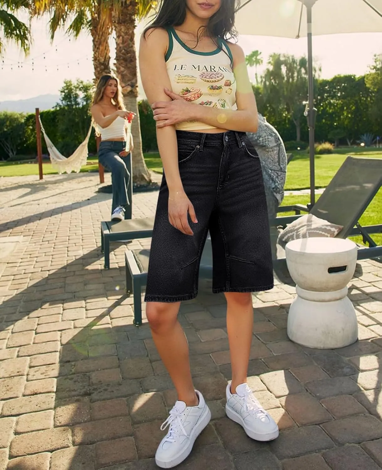 Cicy Bell Womens Summer Wide Leg Denim Shorts Casual Loose Mid Rise Jorts Bermuda Knee Length Jeans Shorts
