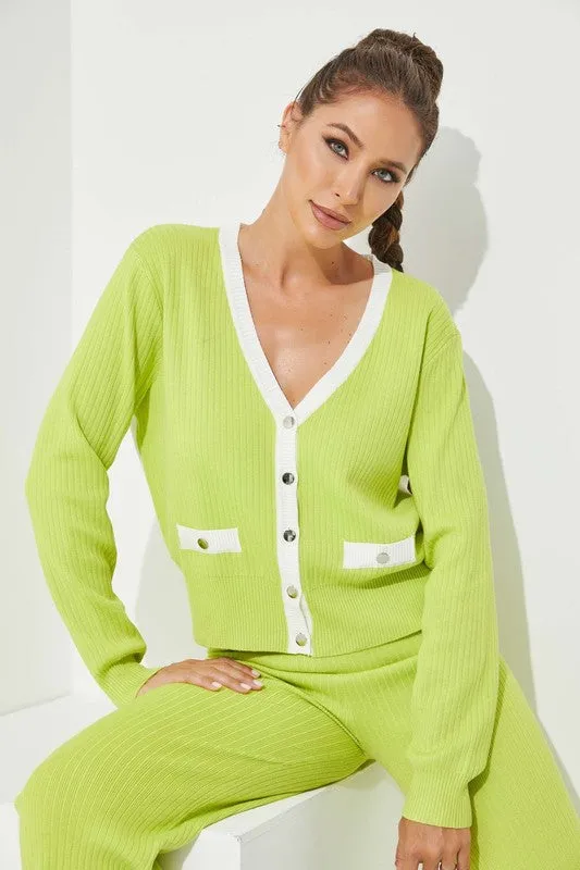 Citron Knit Colorblock Cardigan And Pants Set