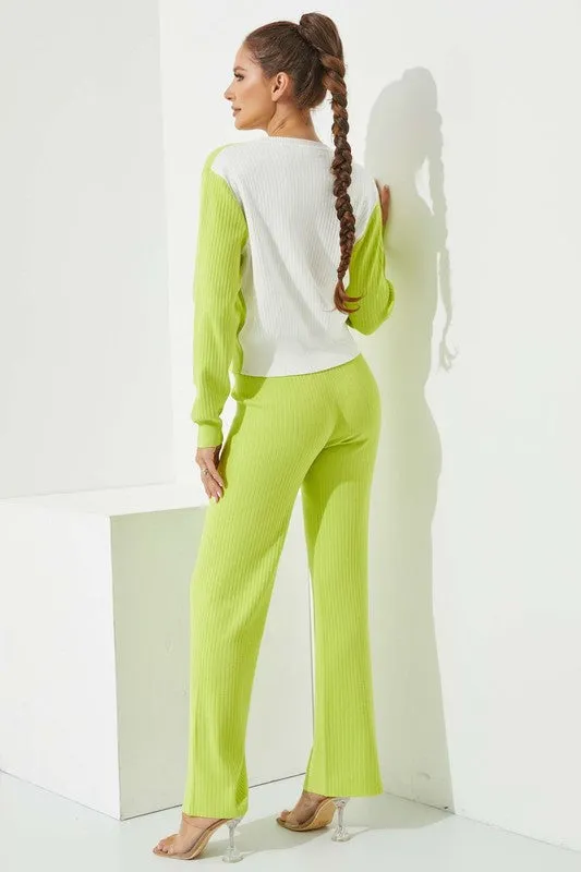 Citron Knit Colorblock Cardigan And Pants Set