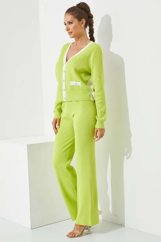 Citron Knit Colorblock Cardigan And Pants Set