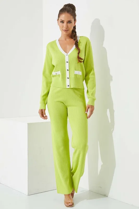 Citron Knit Colorblock Cardigan And Pants Set