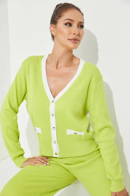 Citron Knit Colorblock Cardigan And Pants Set