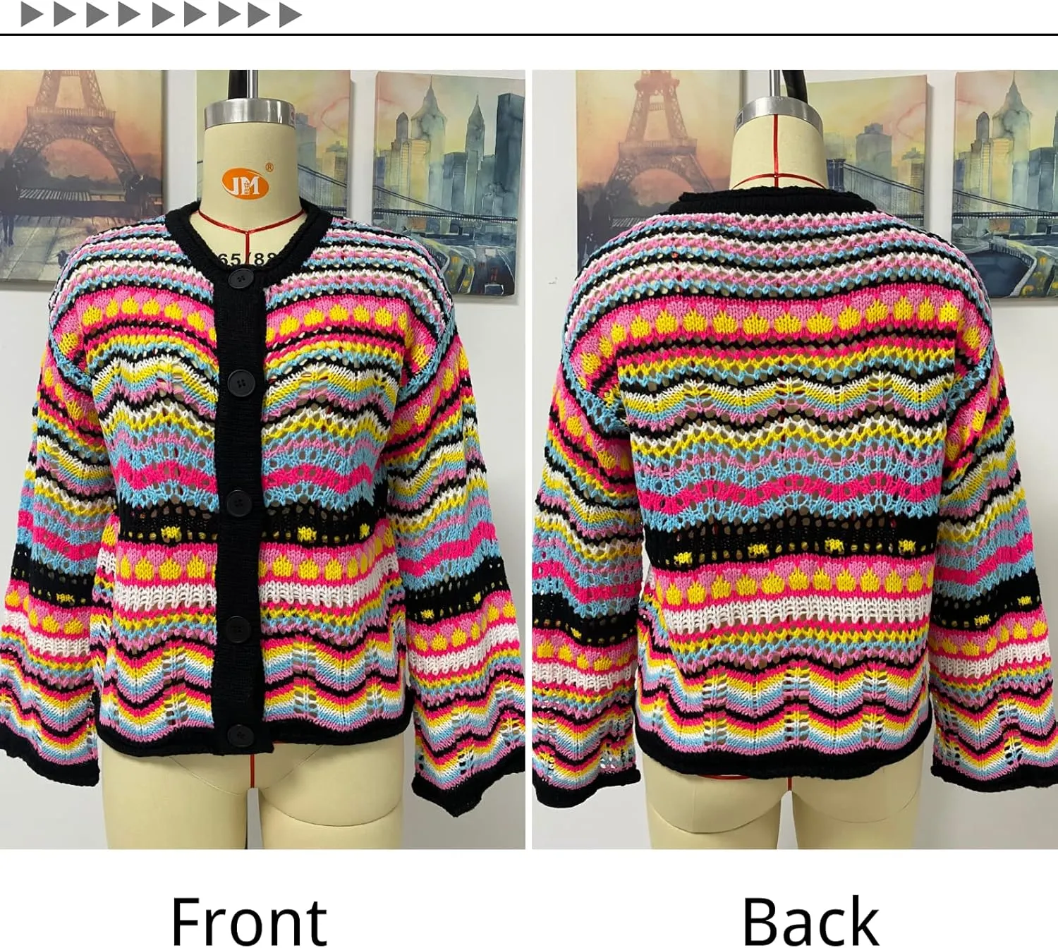 CORIRESHA Women's Multicolored Striped Crochet Knit Cardigan Crew Neck Flared Sleeve Button Y2K Sweater Coat