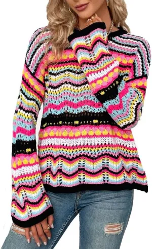 CORIRESHA Women's Multicolored Striped Crochet Knit Cardigan Crew Neck Flared Sleeve Button Y2K Sweater Coat
