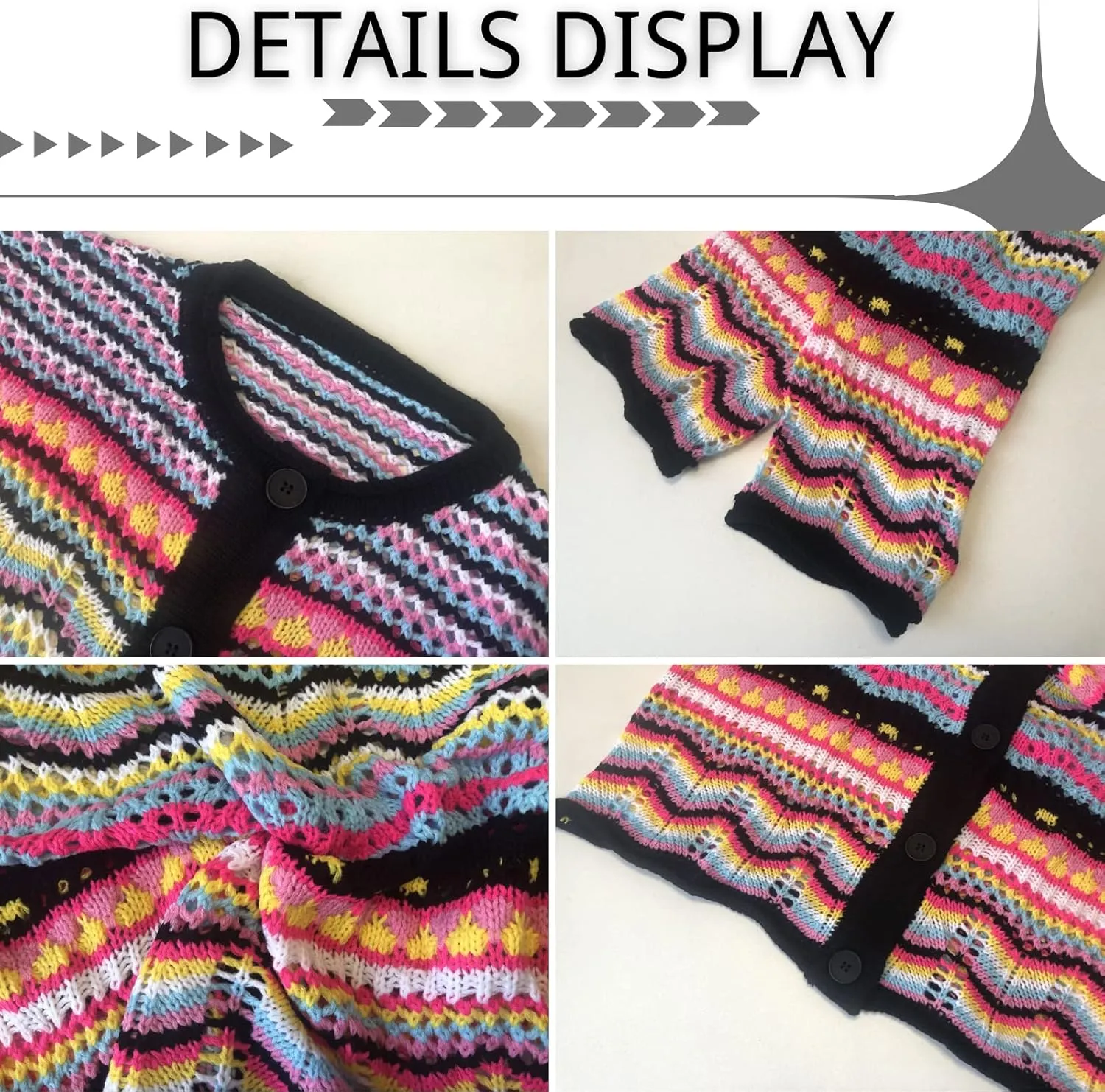 CORIRESHA Women's Multicolored Striped Crochet Knit Cardigan Crew Neck Flared Sleeve Button Y2K Sweater Coat