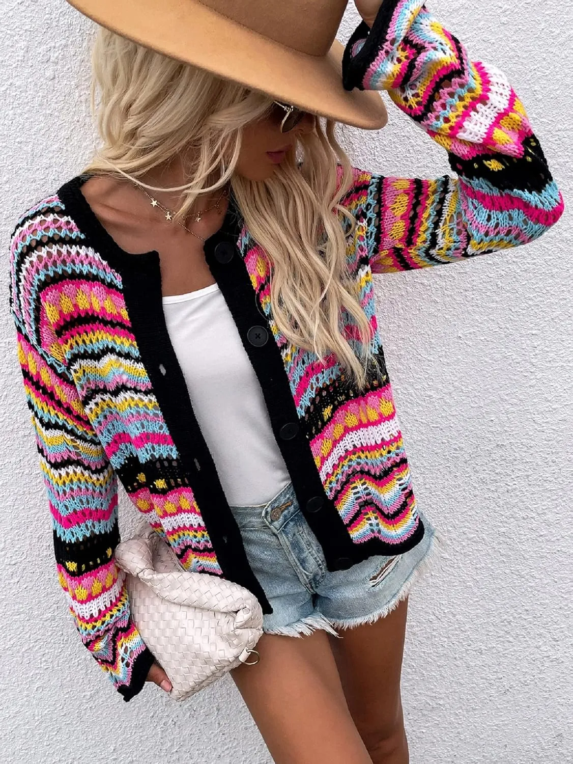CORIRESHA Women's Multicolored Striped Crochet Knit Cardigan Crew Neck Flared Sleeve Button Y2K Sweater Coat