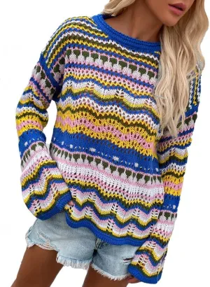 CORIRESHA Women's Multicolored Striped Crochet Knit Cardigan Crew Neck Flared Sleeve Button Y2K Sweater Coat