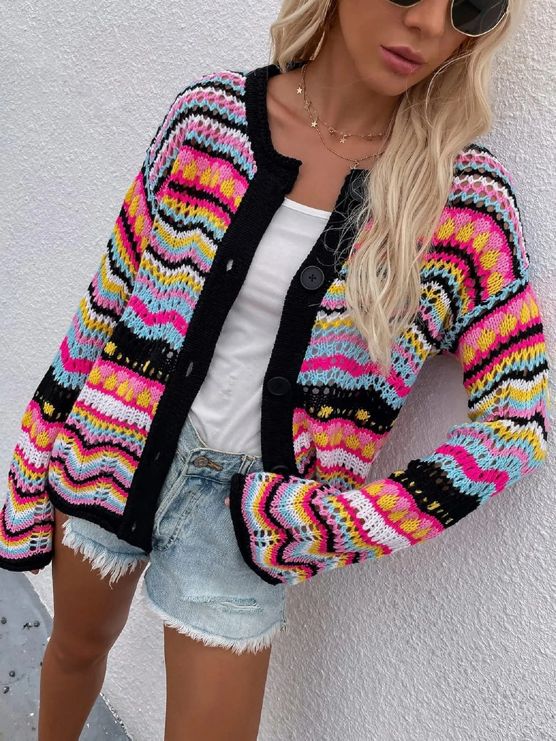 CORIRESHA Women's Multicolored Striped Crochet Knit Cardigan Crew Neck Flared Sleeve Button Y2K Sweater Coat