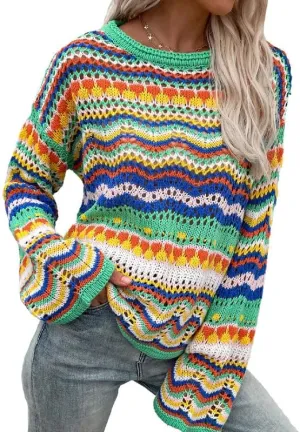 CORIRESHA Women's Multicolored Striped Crochet Knit Cardigan Crew Neck Flared Sleeve Button Y2K Sweater Coat