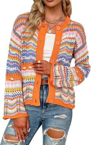 CORIRESHA Women's Multicolored Striped Crochet Knit Cardigan Crew Neck Flared Sleeve Button Y2K Sweater Coat