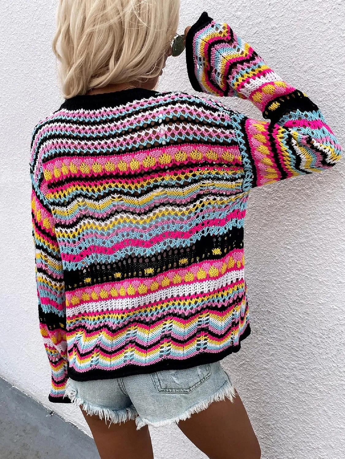 CORIRESHA Women's Multicolored Striped Crochet Knit Cardigan Crew Neck Flared Sleeve Button Y2K Sweater Coat