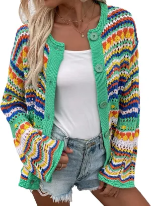 CORIRESHA Women's Multicolored Striped Crochet Knit Cardigan Crew Neck Flared Sleeve Button Y2K Sweater Coat