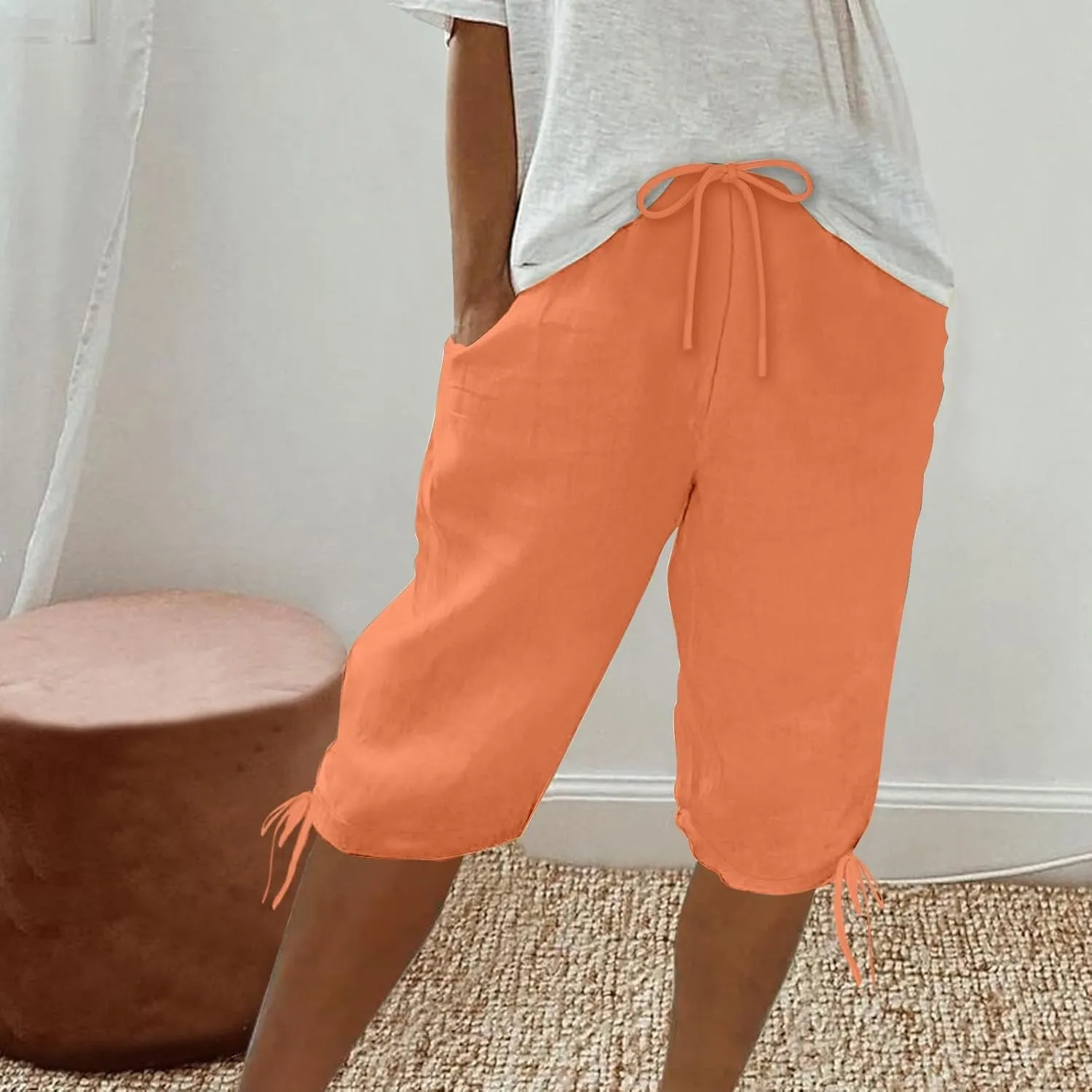 Cotton Linen Shorts for Women 2025 Trendy Casual Loose Beach Vacation Drawstring Bermuda Boho SweatShorts with Pocket