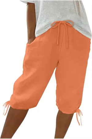 Cotton Linen Shorts for Women 2025 Trendy Casual Loose Beach Vacation Drawstring Bermuda Boho SweatShorts with Pocket