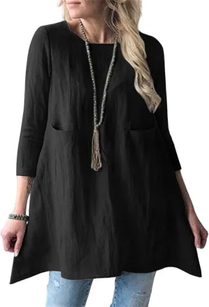Cotton Linen Summer Midi Dresses for Women 2025 Vacation Loose 3/4 Sleeve Round Neck Tops Tunic Dresses with Pockets