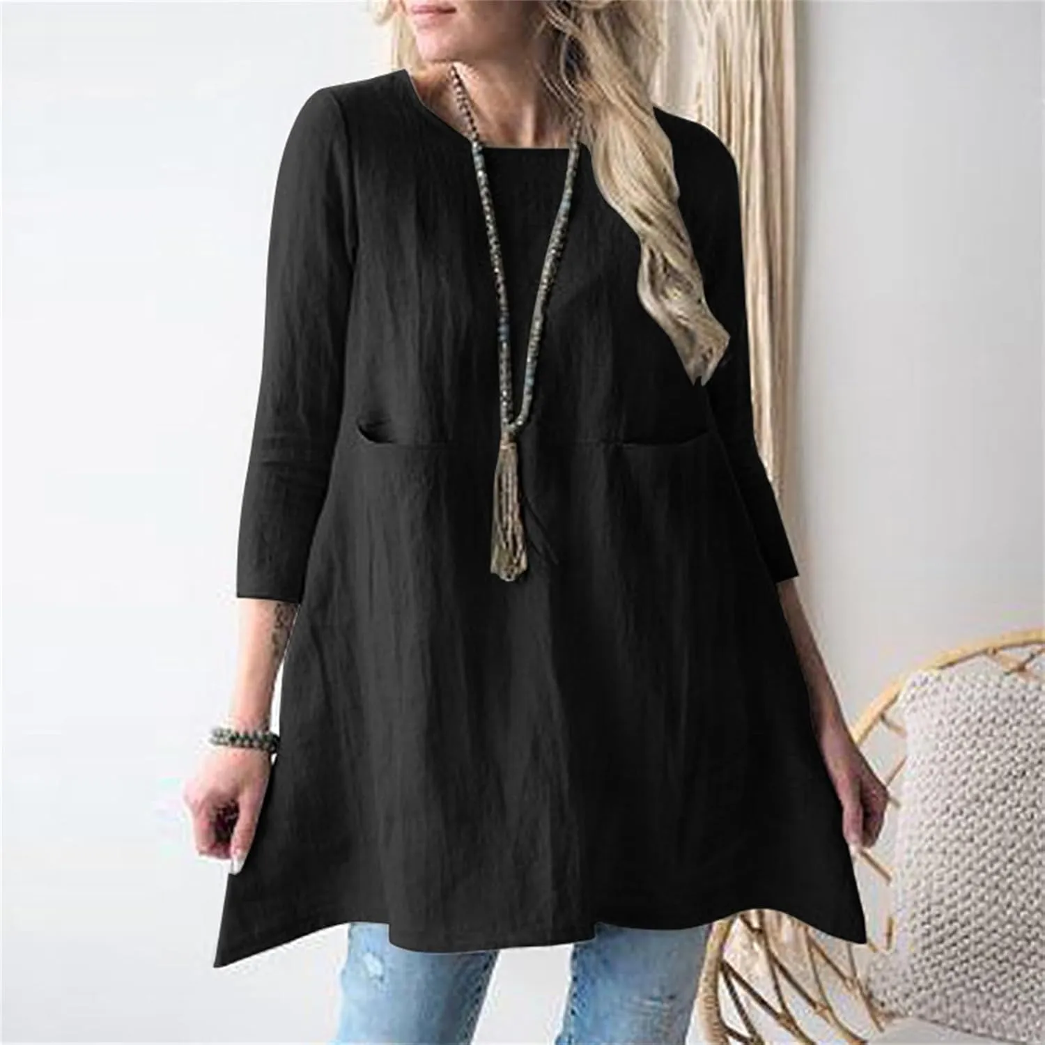 Cotton Linen Summer Midi Dresses for Women 2025 Vacation Loose 3/4 Sleeve Round Neck Tops Tunic Dresses with Pockets