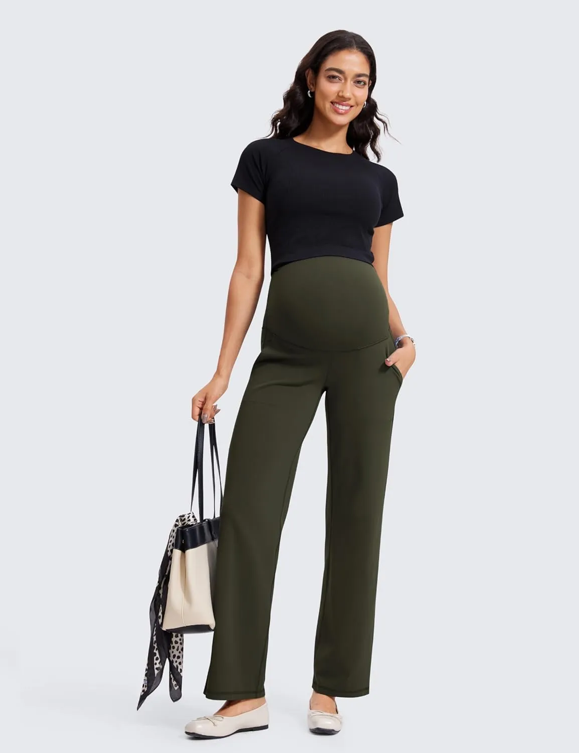 CRZ YOGA Women Butterluxe Maternity Wide Leg Pants with Pockets 31.5" - Over The Belly Workout Yoga Lounge Pregnancy